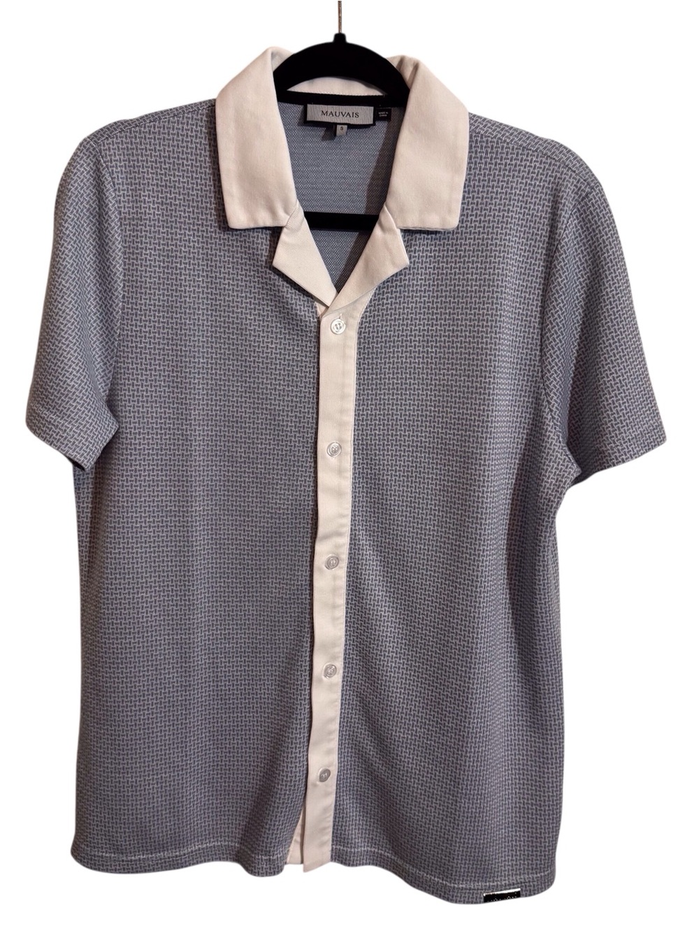 Mauvais Mens Small Blue White Vacation Patterned Button Up Shirt Short Sleeve